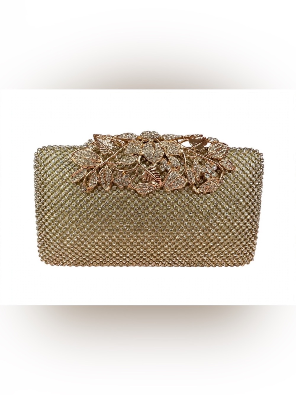 Gold Rhinestone Evening Clutch | Crystal Floral Leaf Clasp | Bridal Wedding Part - Picture 6 of 6